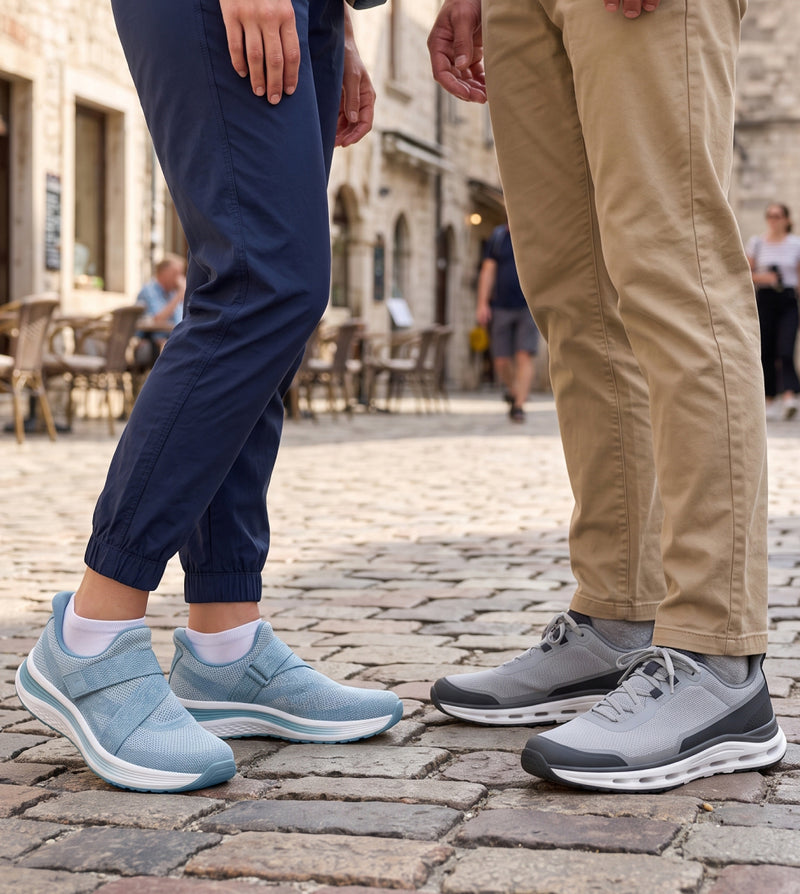 Women's Naya Hands-Free - Blue (SKU: 80052) and Men's Journey Hands-Free - Gray (SKU: 25101)